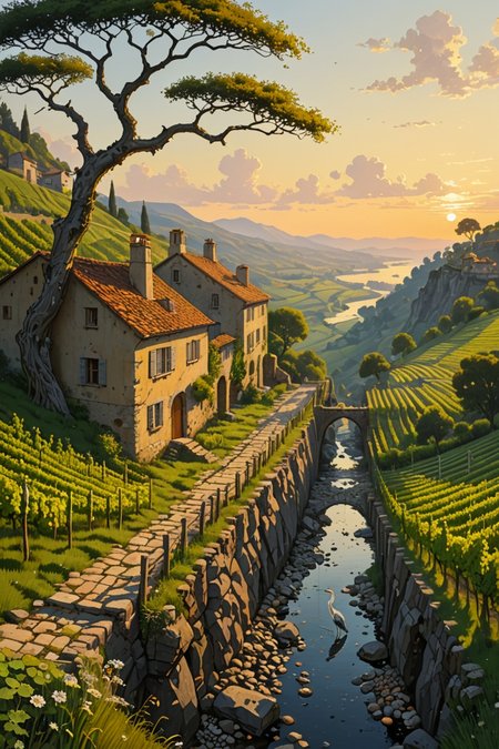 Claude Lorrain (golden hour), Vineyard on steep slate slopes, fox tracks in mud, clapper bridge over stream,grey heron stalking.,Art painting by Gustav Klimt and Takashi Murakami and Kay Sage, ,,
artstation trending, macro lens, volumetric light,
<lora:Illustration_Insanity:0.3>,
<lora:dreamshaperXL10_lora:0.7>,
<lora:extremely_detailed:0.3> extremely detailed,
<lora:DetailMaximizer:0.3>,, Surrealism art style, dreamlike and irrational imagery, explores the unconscious mind, juxtaposition of unlikely elements, challenges reality and logic