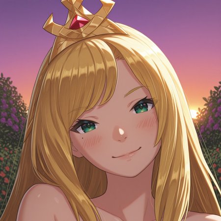 1girl, solo, realistic, (blush, sexy, smile, sexy, head tilt, tilted head), looking at viewer, Chelle Dragalia, blonde hair, long hair, bangs, green eyes, mole, mole under eye, portrait, close-up, face focus, crown, 
BREAK, Masatsugu Saito, Garden, sunset, orange sky, purple sky,