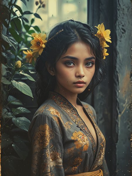 35mm Vintage photo of Exotic Girl in a Traditional Clothes, Flowers, Natural Light, Highest Detail, Cinematic, Full Body, (Detailed Face Skin:1.6), (skin imperfections:1.4), Sharp Focus, Head Tilt, Looking at the Camera, cozy, slate gray atmosphere,  soft cinematic light,  <lora:Vintage_Street_Photo:0.8>