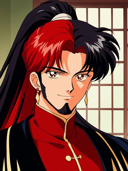 1990s (style), anime coloring, sm90s, 1boy, facial hair, male focus, black hair, multicolored hair, solo, red eyes, long hair, red hair, animal ears, facial hair, beard, smile, ponytail, upper body, jewelry, earrings, looking at viewer,  indoors, retro art style, retro anime, BREAK PonyXLV6_Scores , <lora:SM90sPDXL_r1:0.8>