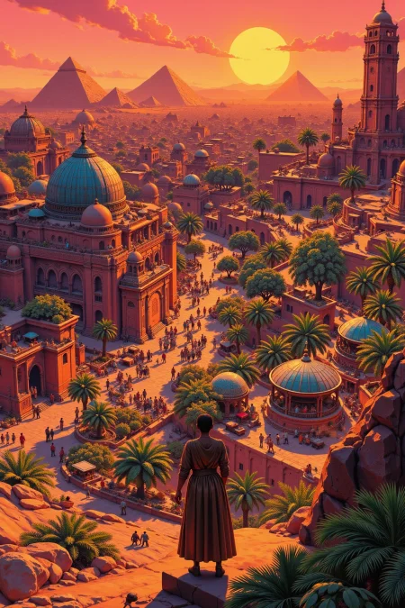 Cairo, Egypt beautiful landscape, evening, woman, very intricate, very detailed, sharp, bright, colorful, <lora:Hand v2:0.5> <lora:Anti-Blur:1><lora:Insane Detail Slider:0.25>  <lora:flux.1_lora_flyway_Epic-detail_v2:0.3> <lora:fluxenhancer:0.25> <lora:ROWER:0.6> <lora:flux-charmer-v1-1:0.4>>   <lora:90s-anime:1> retro anime, 77oussam 90s, 1990s anime
