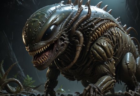 cinematic, xenomorph chonkasaurus, scifi, slimey, raytracing, HD, 4k, floating energy, night, dark, (energy effects:1.3), <lora:chonkasaurus-000003:1>, <lora:add-detail-xl:2>