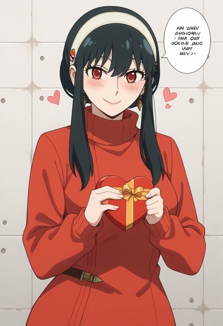 score_9, score_8_up, score_7_up, source_anime,  
BREAK,
happy and in love, gentle smile, looking at viewer, Expressiveh, yor briar, black hair, red eyes, sidelocks, hairband, short hair with long locks, white hairband, medium breasts, dress, long sleeves, red sweater, sweater, sweater dress, 1girl, solo, wide hips, blush, text bubble, hearts, 
standing, standing straight, one hand on hip, upper body, portrait, holding a heart-shaped gift box, 
day, in a luxurious rooftop near the beach,