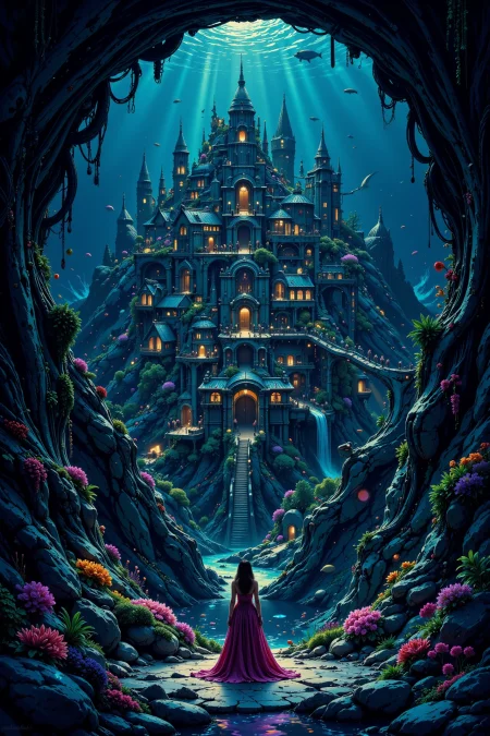 a fantasy underwater village, evening, woman, very intricate, very detailed, sharp, bright, colorful, <lora:Hand v2:0.5> <lora:Anti-Blur:1><lora:Insane Detail Slider:0.25>  <lora:flux.1_lora_flyway_Epic-detail_v2:0.3> <lora:fluxenhancer:0.25><lora:ck-Neon-Retrowave:0.4> ck-rw, in the style of ck-rw,  <lora:Neurocore Anime Cyberpunk:0.8> A digital artwork in the style of cknc