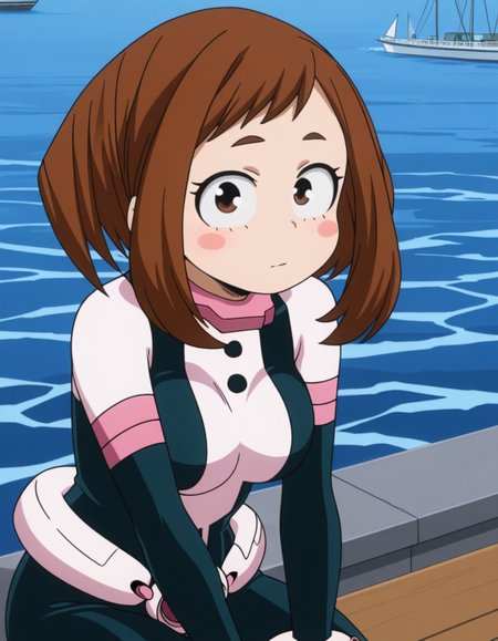 masterpiece, best quality, amazing quality,, <lora:ochako-uraraka-s3-illustriousxl-lora-nochekaiser:1>, ochako uraraka, uraraka ochako, brown eyes, brown hair, short hair, blush, blush stickers, breasts, mature female, anime screencap, bodysuit, skin tight, superhero,, harbor, boats, water, dock, trade, , sitting, elbow rest, table, looking at viewer, solo,, cowboy shot, solo