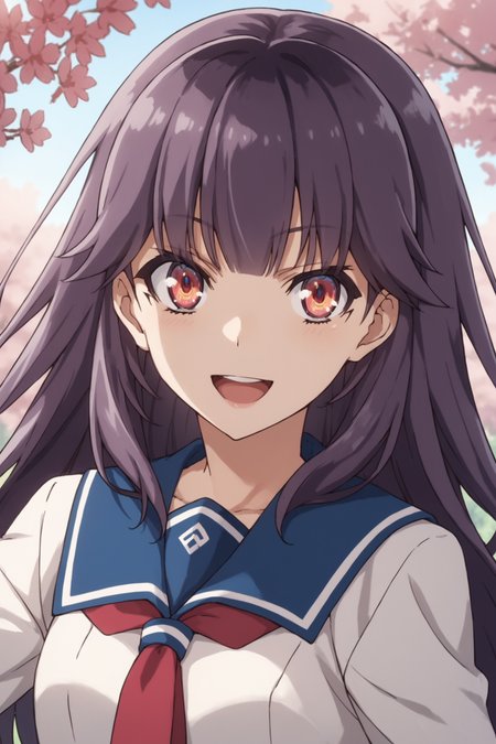 score_9, score_8_up, score_7_up, score_6_up, score_5_up, source_anime, rating_safe, outdoors, high school, cherry blossom, 1girl, solo, looking at viewer, (dynamic pose:1.5), (upper body:1.1), homura chika, purple hair, long hair, red eyes, shimizu minami high school uniform, serafuku, long sleeves, blue collar, red neckerchief, white shirt, blue skirt, plaid skirt, white kneehighs, loafers, <lora:Chika_Homura:0.8>, <lora:age_slider_v4:2>, smile, open mouth