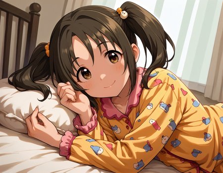 score_9,score_8_up,score_7_up,1girl,solo,lying,on side,upper body,looking at viewer,smile,closed mouth,bed,
<lora:imaikana_ponyXLV6:0.8>,cgikn,
brown hair,twintails,brown eyes,
pajamas