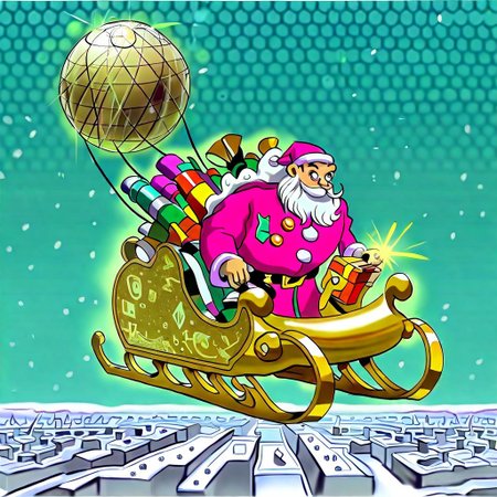 fluffy_new_year, neon lights, 80s style, Santa Claus in a neon green and pink outfit, retro-futuristic sleigh with holographic decorations, reindeer with neon-colored harnesses, disco ball hanging from the sleigh, snow-covered 80s cityscape background, vibrant and lively atmosphere, (fluffy_new_year:1.2), retrowave aesthetic, dynamic poses, energetic vibe, glowing effects, norman rockwell style, Akaburstyle