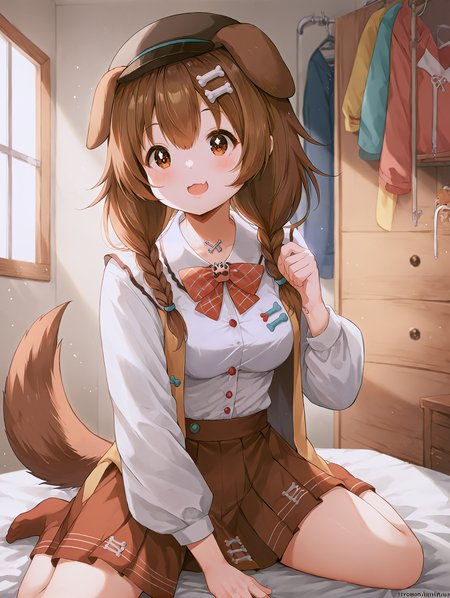 <lora:3_Style_Art_Chintora_XL:0.8>  <lora:HOLOLIVE_Korone_XL:0.7> inugami korone, 1girl, brown hair, brown eyes, animal ears, dog tail, ik2, white shirt, brown skirt, twin braids, hat, long sleeves, plaid bowtie, medium breasts, hairclip, <lora:9_Detail_Tweaker_XL:0.8>, score_9, score_8_up, score_7_up, source_anime, masterpiece, best quality, highly detailed background, cinematic lighting, detailed eyes, perfect face,, lazy, teenager room, messy, bedroom, bed sheet, closet,