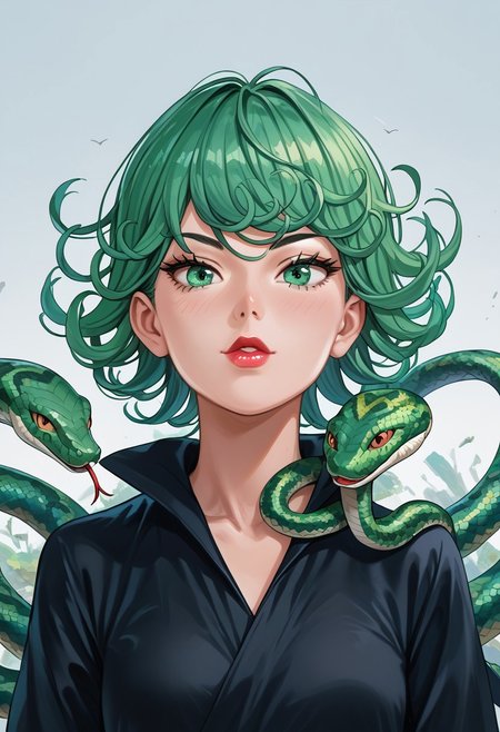 score_9,score_8_up,score_7_up,score_6_up,score_5_up,source_anime,1girl, 1girl, tatsumaki,  green eyes, saitama outfit, shortstack, looking at viewer, bald girl, 19yo, lipstick , flirty, snake, snake on shoulders, upper body view,