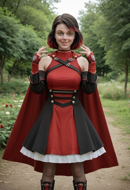score_9, score_8_up, score_7_up,, high res ima , source_photo, source_real, (realistic:1.4),
,
1girl, cowboy shot, solo, outdoors, smile, looking at viewer, <lora:Summer_Rose_-_IL:0.8> SummerRose_RWBY,  short hair, black hair,gradient hair, grey eyes, fingerless gloves, detached sleeves, bare shoulders,  red dress,pantyhose, red cape, boots, masterpiece, best quality, good quality, newest, hands up over head