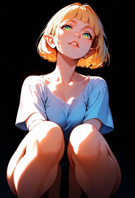 1girl, princess zelda,bob cut, blonde hair, teeth, lips, thin lips, solo, looking at viewer, while body, squatting, masterpiece, best quality, very aesthetic, (dark), white and light blue neon underlightling, masterpiece, best quality, very aesthetic