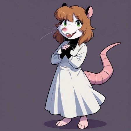 score_9, score_8_up, score_7, source_comic, Maude(JG), Solo, 1girl, anthro, female furry, Possum, American opossum, white fur, brown hair, black ears, black neck, pink nose, green eyes, rat tail, fangs, full body, looking at viewer, white dress, standing, cute smile, hands together, white background,