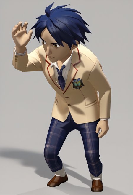score_9, score_8_up, score_7_up, source_anime, 1boy, solo
<lora:zs_WindWakerStyleXL:1> windwakerstyle, 3d, full body, white background
<lora:zs_TakumiXL:1> takumichaos, short hair, blue hair, brown eyes, blazer, shirt, blue necktie, plaid pants
