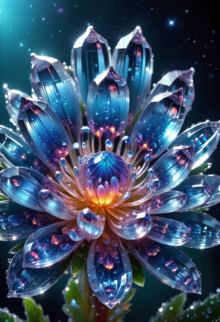 macro photo, sparkling magical fantasy glass flower dewdrop, very detailed, amazing quality, intricate, cinematic light, highly detail, beautiful, surreal, dramatic, galaxy fantasy colors, <lora:crystalz:0.7>