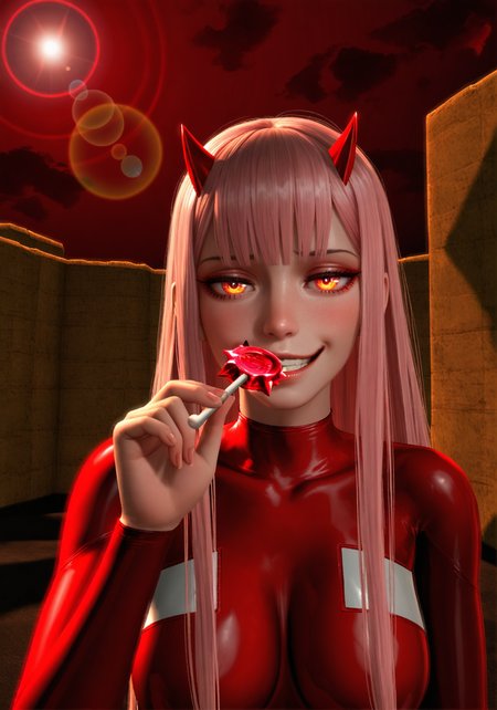 masterpiece, realistic, scenery, sunset, clouds, sun beams, lens flare,1girl, solo, zero two, pink hair, red horns, red bodysuit, (holding sucker candy:1.3), upper body, smug expression, tilted head, glowing red sky blur, rim light  <lora:POSTAL_2_Style_Lora_V1.0_ILXL_DIM16_E10:1> <lora:dmd2_sdxl_4step_lora:1>