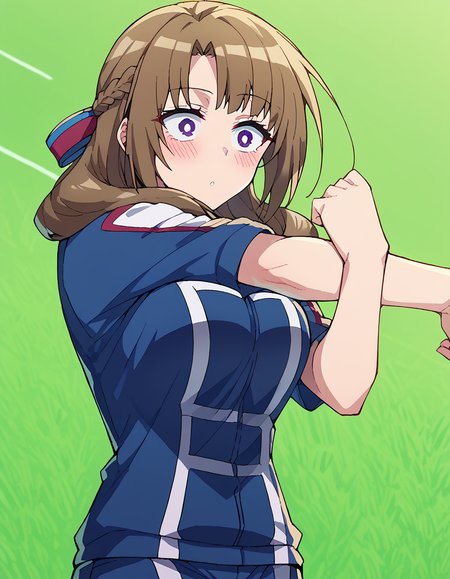 score_9, score_8_up, score_7_up, source_anime, <lora:mamako-oosuki-s1-ponyxl-lora-nochekaiser:1>, mamako oosuki, long hair, brown hair, purple eyes, hair ribbon, braid, bright pupils, french braid, white pupils, large breasts,, <lora:ua-gym-uniform-ponyxl-lora-nochekaiser:1> ua gym uniform, u.a. gym uniform, blue track suit, blue pants, blue shirt, short sleeves,, blush, track and field, <lora:cross-body-stretch-ponyxl-lora-nochekaiser:1> cross-body stretch, stretching, arm across chest, exercising,, cowboy shot,