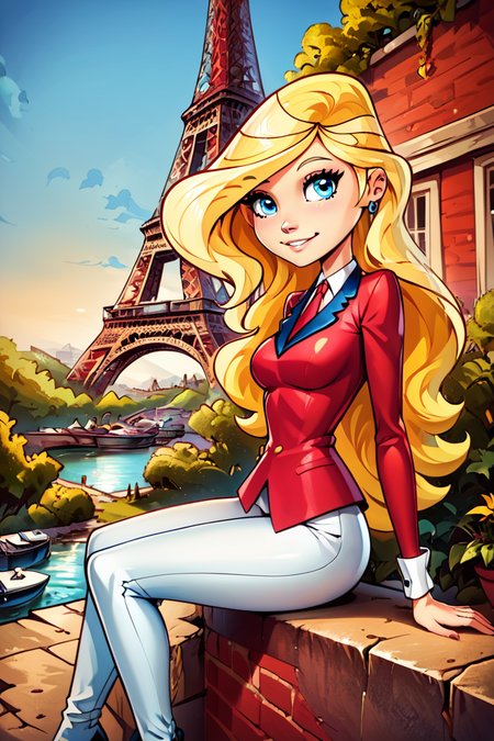 score_9, score_8_up, score_8, medium breasts, (curvy), cute, eyelashes,       ,,, ,  zzSarahWhitney, blue eyes, blonde hair, long hair, red shirt, necktie, white pants, style parody, <lora:SarahWhitneyHorseland_PDXL:1.0>, , BREAK, zzEiffelTower in background, sitting, watercraft, boat, sitting on wall, side view, looking at viewer, smile, ,,, BREAK, blooming stars, luminescent petals, otherworldly fragrance blurry background, ,,, embedding:zPDXL, Expressiveh, ,,, <lora:EiffelTowerPDXL:0.8>, <lora:CatalystStylePDXL:0.6>, <lora:SDXLFaeTastic2400:0.5>, <lora:Expressive_H-000001:0.4>,