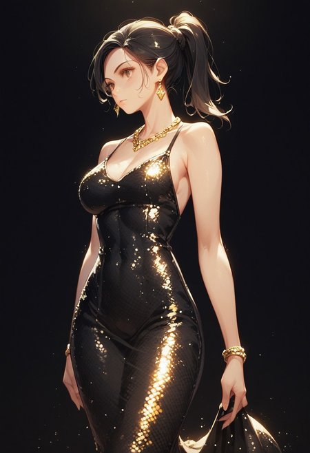 score_9, score_8_up, score_7_up, score_6_up,  
1girl, black hair,ponytail hair, eve_girl_v1,black_evening_dress, mermaid dress, sequin black dress,bodycon,
gold necklace,gold diamond earrings,standing,
(sample background:1.2),(black background:1.2),
cowboy shot,