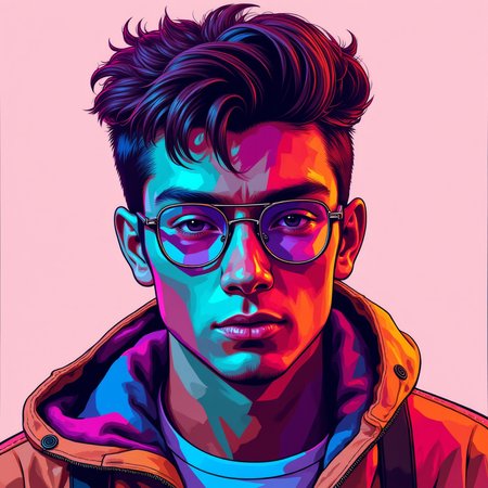 fluxtration, vivid colors, low poly logotype of young man looking at camera