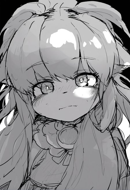 masterpiece, hyper detailed, best quality,(furry:1.3),1girl, solo, white background, looking at viewer, long hair, dress, sketch, simple background, monochrome  ,<lora:DAGASIXLlokr8f-000188:0.95>