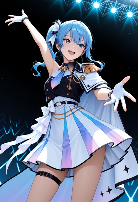 masterpiece, best quality, 1girl, solo, Su1se1OrgnRevmp, blue eyes, blue hair, side ponytail, hair ribbon, white ribbon, white berret, hair bow, collared shirt, gradient necktie, black shirt, sleeveless shirt, arm garter, side cape, white cape, single epaulette, white gloves, fingerless gloves,  white skirt, gradient skirt, white waist bow, thigh strap, stage lights, open mouth, smile, legs apart, contrapposto, outstretched arm, <lora:ChamHoshimachiSuiseiNoob:1>