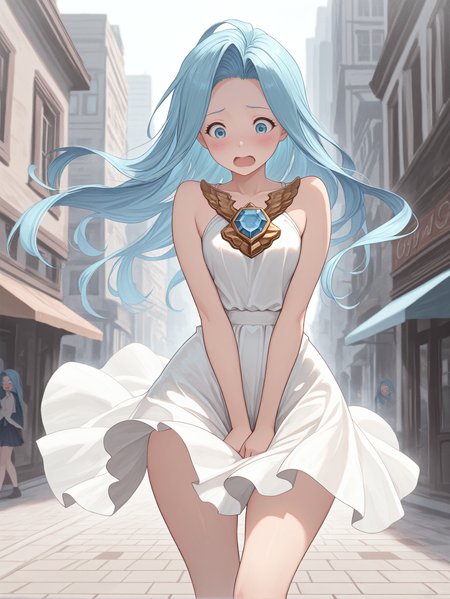 masterpiece, best quality, amazing quality, very aesthetic, absurdres, newest,
<lora:ILGFLyria:1.0>
GFLyria, 1girl, blue hair, blue eyes, long hair, jewel, city street, wind, standing, windy, blown skirt, skirt tug, shocked, open mouth, wince, wide hips, looking down, blush