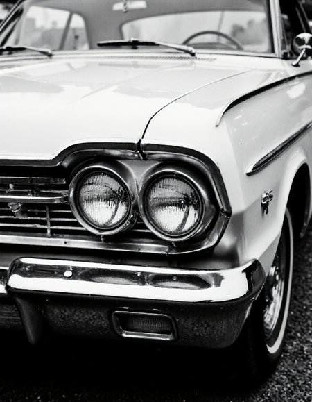 a black and white close-up photo of a 60s car