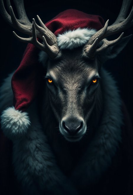 A reindeer in a dramatic, chiaroscuro-style close-up portrait, his expression is evil and mysterious, his eyes seeming to hold untold secrets. Deep shadows obscure his face. His crimson hatâs fur trim is faintly visible against the darkness.