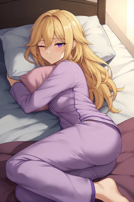 score_9, 
a girl lying in bed hugging her pillow, blonde hair, long hair, on side, sleepy, one eye open, pajamas, solo, from side, purple eyes,
<lora:velminth:1>, 
high resolution, Masterpiece