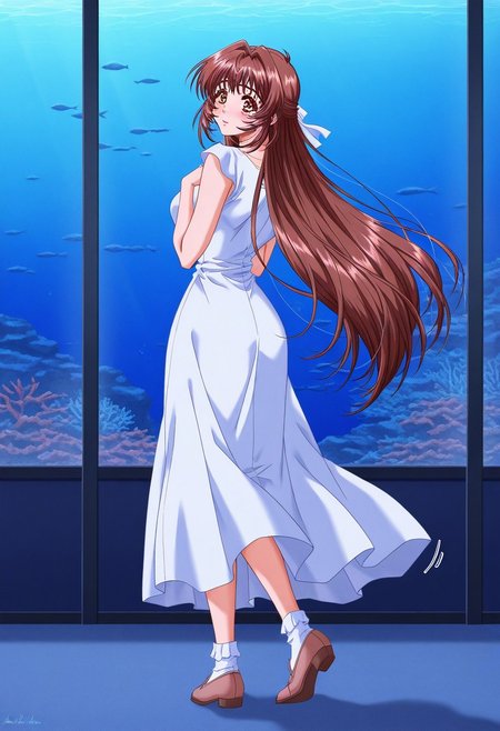 masterpiece, best quality, newest, highres, uncensored, 1girl, yokota mamoru style,1girl, slender face，motion lines,blush
Asaoka Chihiro,Brown Hair, Spiky Bangs, Waist Length Hair,Long Hair,Brown Eyes,Tareme Eyes, Slim,mature female
1girl, solo, fish, long hair, aquarium, dress, looking back, very long hair, red eyes, shoes, socks