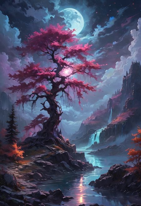 Under the eerie glow of a full moon, a dark and ominous landscape unfolds. A vibrant, colorful tree stands by the edge of a serene lake, its vivid hues contrasting starkly with the foreboding atmosphere. In the background, a waterfall cascades down jagged rocks, the water glistening in the moonlight. Thick, swirling clouds loom overhead, adding to the sense of an evil presence. The moonlight filters through the clouds, casting an otherworldly glow over the scene. A falling star streaks across the sky, adding a touch of mysticism to the night. The air is thick with a sense of ancient secrets and dark magic, as if the very night is alive with hidden power. [romantic impressionism,dream scenery art,beautiful oil matte painting,romantic,style of thomas kinkade,beautiful digital painting,anime landscape,romantic painting,dreamlike digital painting,colorful painting,beautiful gorgeous digital art,style of greg rutkowski,janek sedlar,jenny saville:0] <lora:vivid_everclear:0.6>  <lora:Sinozick:0.65>