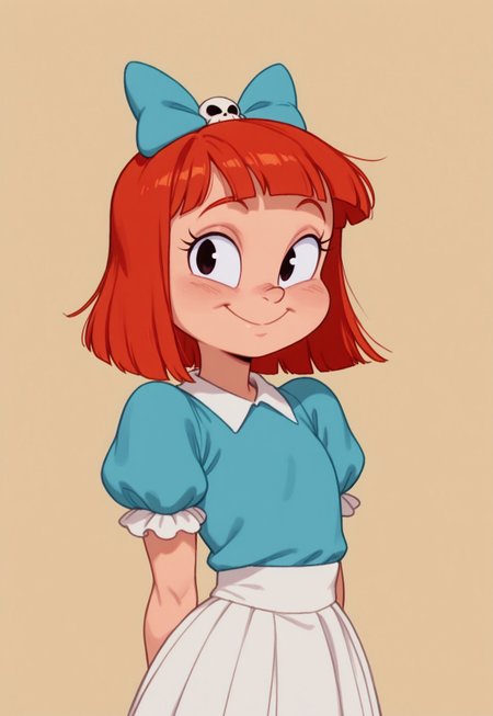 1girl, solo, elmyra_duff, red hair, skull blue bow, blue shirt with puffed sleeves, white skirt, upper body, simple background, looking at viewer, cute, short, smile, masterpiece, absurdres, high quality, best quality, 