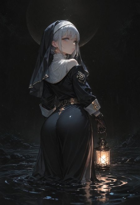 best quality, amazing quality, very  esthetic, newest, scenery, high-resolution, masterpiece,
1girl, solemn, confident, look back ,solo ,silver hair, braided hair, nun, black uniform ,open shoulder, high slit,  ,golden trimmed, earrings, jewelry, holding lantern ,gloves,
 dark background , water, moon light, reflection.