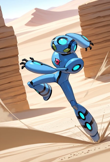 <lora:ulteco-10:1> ulteco, pokemon (creature),blue robot, green eyes, closed mouth, dynamic pose,  shockwaves, desert, sand,, masterpiece, best quality, amazing quality, very aesthetic, absurdres, newest,