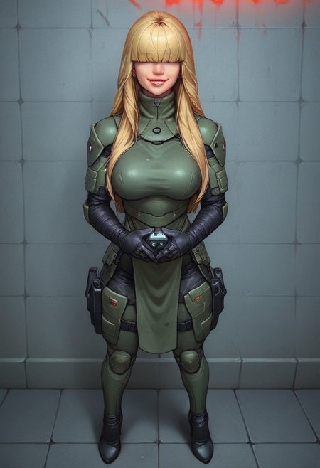 1girl, ((front view))), looking at viewer, highly detailed, from front, 1girl, skinny, looking at viewer, masterpiece, best quality,
raw, extremely detailed, hyperrealism, photo, perfect anatomy, <lora:grewishka_alita_pxl:1> source_photo, source_real, robot, cyborg, android, solo, looking at viewer, 1girl, full body, ((special force camo armor)), high heels, neon_lights, dynamic pose, pistols in hands
BREAK
fang smile, looking at viewer, dynamic pose
BREAK 
long hair, ((red, green and blonde highlighting hair)), hair over eyes, front bangs, big hair, dynamic pose
BREAK 
best quality, depth of field, bokeh, (((full clothed))), ((special force camo armor)),
BREAK
((((holdind big futurisitc gun in hands)))), (big futuristic pistol in hands:1.3), sc-fi soldier, dynamic pose, military camo armor
BREAK 
(((((rooftop, night city, neon lights))))) score_9, score_8_up, score_7_up, score_6_up, source_cartoon, rating_explicit, Expressiveh, (((((full body))))), dynamic pose