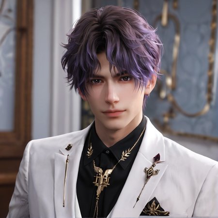 1boy,purple hair,black eyebrows,brown eyes,jacket,necktie,tie clip,shirt,lapel pin,pants,tight-fitting suit,depth of field,gorgeous background,formal,indoors,looking at viewer,male focus,solo,masterpiece,best quality,high quality,detailed hair,detailed face,detailed skin,realistic,<lora:L&DsRafayel(ZQ)_v1.0:0.5>,