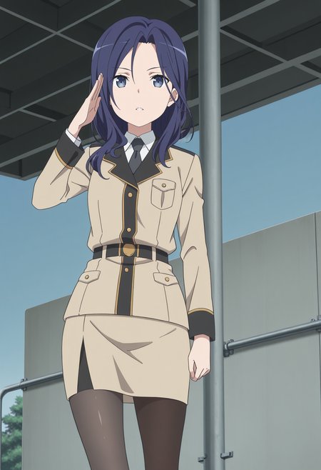 1girl,solo,Kaoru Furushou,long hair,blue hair,blue eyes,anime coloring,
uniform,military uniform,shirt,jacket,necktie,pantyhose,pencil skirt,salute, parted lips, looking at viewer, outdoors,blue sky, arm at side, serious, 
,masterpiece,best quality,amazing quality,<lora:Kaoru_Furushou-Highschool_Fleet:0.8>