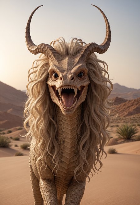 rating_safe,
hideous
horned
 creature,
thin,
patterned scales
  ,flowing mane
  ,pointed teeth
  ,long antenna
  ,
source_furry,
desert,
prancing,
soft lighting, ,
detailed realistic photo <lora:zavy-cntrst-sdxl:0.7>