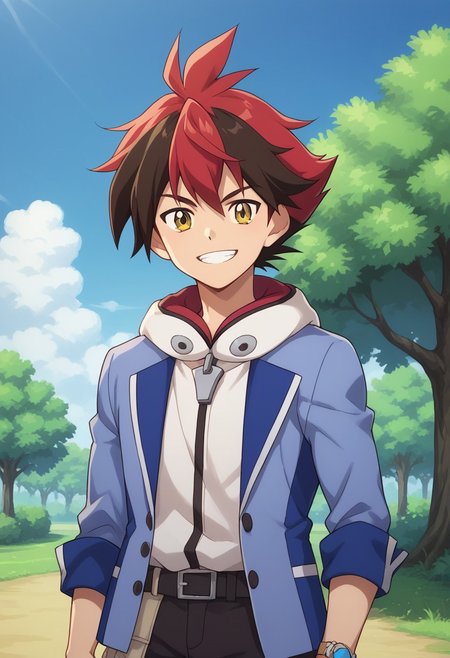 score_9, score_8_up, score_7_up, source_anime, highly detailed, 
hiroryuga, 1boy, male focus, red hair, solo, multicolored hair, upper body, jacket, yellow eyes, pants, looking at viewer, belt, two-tone hair, brown hair, standing, blue jacket, spiked hair, grin, hood, black pants, smile,
outdoor, sky, clouds, tree