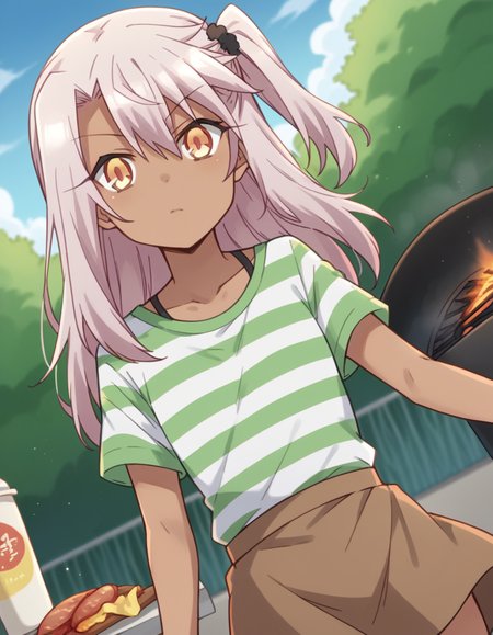 score_9, score_8_up, score_7_up, source_anime, <lora:chloe-von-einzbern-prisma-s2s3-ponyxl-lora-nochekaiser:1>,, chloe von einzbern, long hair, hair between eyes, yellow eyes, pink hair, dark skin, dark-skinned female,, skirt, shirt, collarbone, white shirt, short sleeves, shorts, socks, striped, one side up, white socks, brown skirt, striped shirt, green shirt,, backyard, barbecue, grilling, laughter, summer evening, , looking at viewer, hand making an OK sign, solo,, cowboy shot, dutch angle