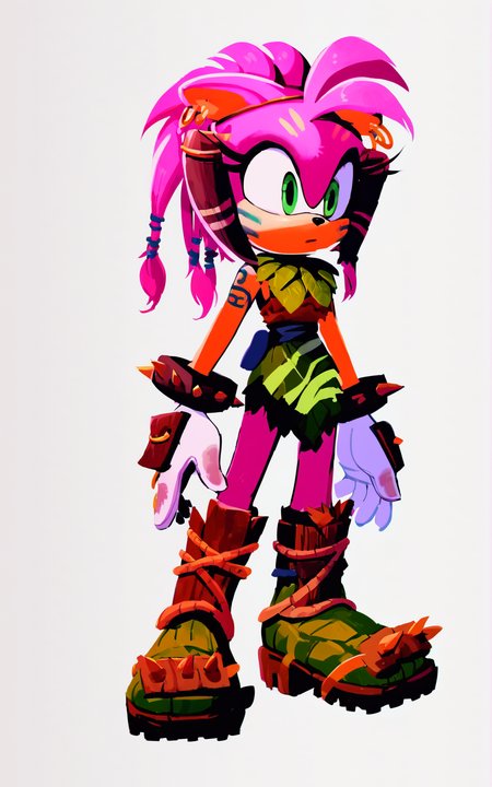 score_9, score_8_up, score_7_up,((best quality)), absurdres, ((full body)), <lora:BolivanteStyle:0.8>,  <lora:TRPXL:0.8>,TRPXL,sleeveless, green eyes, boots, tattoo, knee boots, arm tattoo, tribal, leaf, green dress, bracelet, gloves,animal ears,pink hair, earrings,white gloves,furry, furry female, white background