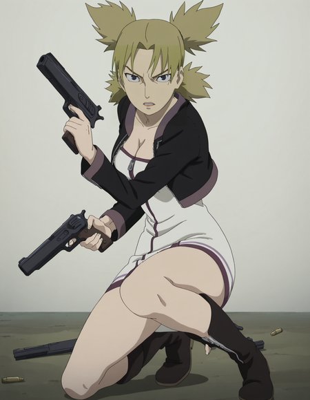 solo, full body, perfect composition, shadows, shading, <lora:Vinlandsagastyle-IL.V1.0:1> Vinlandsagastyle-IL.V1.0>, <lora:anime_screencap-Illustrious:0.5> anime screencap, anime coloring, very aesthetic, absurdres, zPDXL, <lora:Pony_DetailV2.0:0.5> <lora:illustrious_quality_modifiers_masterpieces_v1:1>
<lora:Temari:1> temari, 1girl, quad tails, female focus, looking at viewer, serious, fierce expression, defined lips, shooting pose, bent knees, holding weapon, dual-wielding, handguns, bullet \(projectile\)
(leather jacket:1.2), zipper, cropped jacket, cleavage, breasts, white dress, purple trim, (short dress:1.2), bare thighs, black boots,
white background, simple background,