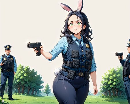 score_9, score_8_up, score_7_up, score_6_up, source_anime, ah1, 1girl, (curly hair), long hair, (black hair), mature female, (parted hair:1.7), (round face), (no_bangs), (no_fringe:1.6), looking at viewer, (thick eyebrows:1.3), (curvy), round-chin, (greenish hazel eyes), caucasian, (downturned eyes), (forehead:1.4), <lora:ETO_OCPonyXL:0.5> eto_oc, skindentation, plump, thick thighs, wide hips, busty, voluptuous, kinky curls, lips, bad-hands-5, (in a countryside manor, with sprawling lawns, formal gardens, historic charm, elegant ambiance), ((crying in fear expression)), <lora:venus body PonyXL:0.8>, <lora:xl_more_art-full_v1:0.4>, <lora:shinyskin2:0.3> glistening skin, <lora:aesthetic_anime_v1s:0.4>, <lora:Expressive_H:0.4> Expressiveh, <lora:hairdetailpxl:0.4> hairdetailpxl, <lora:EpicF4nta5yXL:0.4>, <lora:detailxl:0.4> detailxl, <lora:Fant5yP0ny:0.4>, best quality, amazing quality, best aesthetic, absurdres, <lora:expressive eyes:0.4> expressive eyes, (Low angle (from the side) view Close shot (focus on head)), <lora:eyedetailpxl:0.4> eyedetailpxl, <lora:A004-judy-v30:0.8> 1gjudy, police uniform, bulletproof vest, blue leggings, ((rabbit ears, rabbit tail)), <lora:YusufDikecGunPose_pdxl_Incrs_v1:0.8> holding weapon, holding gun, handgun, hand in pocket, aiming, full body