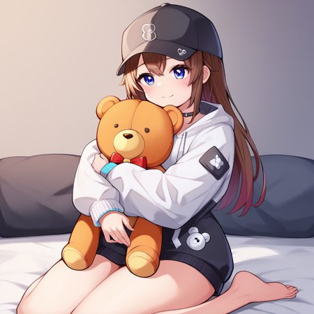 safepos, score_9, score_8_up, score_7_up, score_6_up, score_5_up, zPDXL2, max detail, 4k wallpaper, masterpiece, best quality, absurdres, highres, source_anime, solo, 1girl, DeaverStyle,  wariza, w-sitting, hugging teddy bear, holding Teddy Bear, ((((cuddling, snuggling, face rubbing against teddy bear)), affectionate)), elated, giggling, front view, SoraStreetwear, long hair, blue eyes, black baseball cap, choker, two-tone hoodie, horizontal stripe, black hoodie, small upper-body, white hoodie, baggy hoodie, no pants, oversized hoodie, small waist, narrow shoulders, wide hips, thick thighs, bottom-heavy, hugging stuffed animal, (barefoot:1.075)