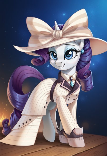 score_9,score_8_up,score_7_up,score_6_up,score_5_up,score_4_up,my little pony,((feral pony)),1girl,((solo)),(sexy),beautifully detailed,(detailed cute pony face),((detailed blue starry background:1.5)),((woman)),high angle,(cute smile:1),((up-close))  1girl,((solo)),(sexy),full body,<lora:titanic:0.9>,Rarity,titanic,an elegant white striped dress with lilac details,a pink lilac hat with a wide brim decorated with a pink bow,earrings with blue stones,a pink tie with a blue crysta,
<lora:OtherStyle_01:1>,<lora:Wholesome_MLP-v1.0:1>,