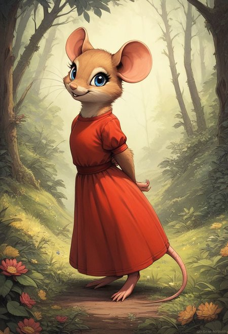 score_9, score_8_up, score_8, solo, (fluffy), (feral:1.5), toes, furry, (((mouse))), female, blue eyes, yellow fur, claws, (red dress), in the style of beatrix potter, outdoors, arms behind back, (solo:2), side view, smile, (open mouth:0.5), cute, (flat colors, line art:0.5), forest, bushes, flowers, look at viewer