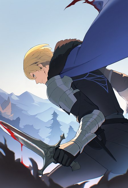 masterpiece, best quality, <lora:age_slider_v4:4>,detailed_background,outdoors,fire emblem warriors: three hopes,armor,torn cape,holding dagger,floating clothes,blood,black gloves,dimitri alexandre blaiddyd,knife,torn clothes,eye contact,blonde hair,cape,gauntlets,fire emblem: three houses,looking at another,dagger,closed mouth,short hair,2boys,byleth \(fire emblem\),holding,male focus,absurdres,pauldrons,holding knife,green hair,blue fur,multiple boys,fur trim,shoulder armor,urotozm,blue cape,byleth \(male\) \(fire emblem\),nintendo,green eyes,gloves,weapon,armored gloves,fire emblem,hair between eyes,holding weapon,highres