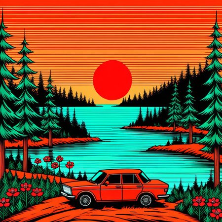 orange sky, car, nature, water, pine tree, border, red flower, ocean, no humans