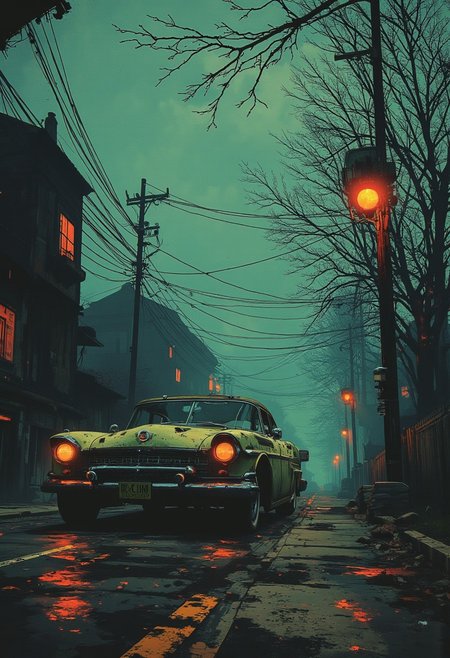old retro car parked on the street in the evening. The background is saturated with turquoise haze and fog, which adds gloominess. On the right side of the road there are futuristic lanterns with bright red lights illuminating the sidewalk and road. The branches of trees without leaves bend slightly over the road, adding to the gloomy autumn atmosphere and mystery